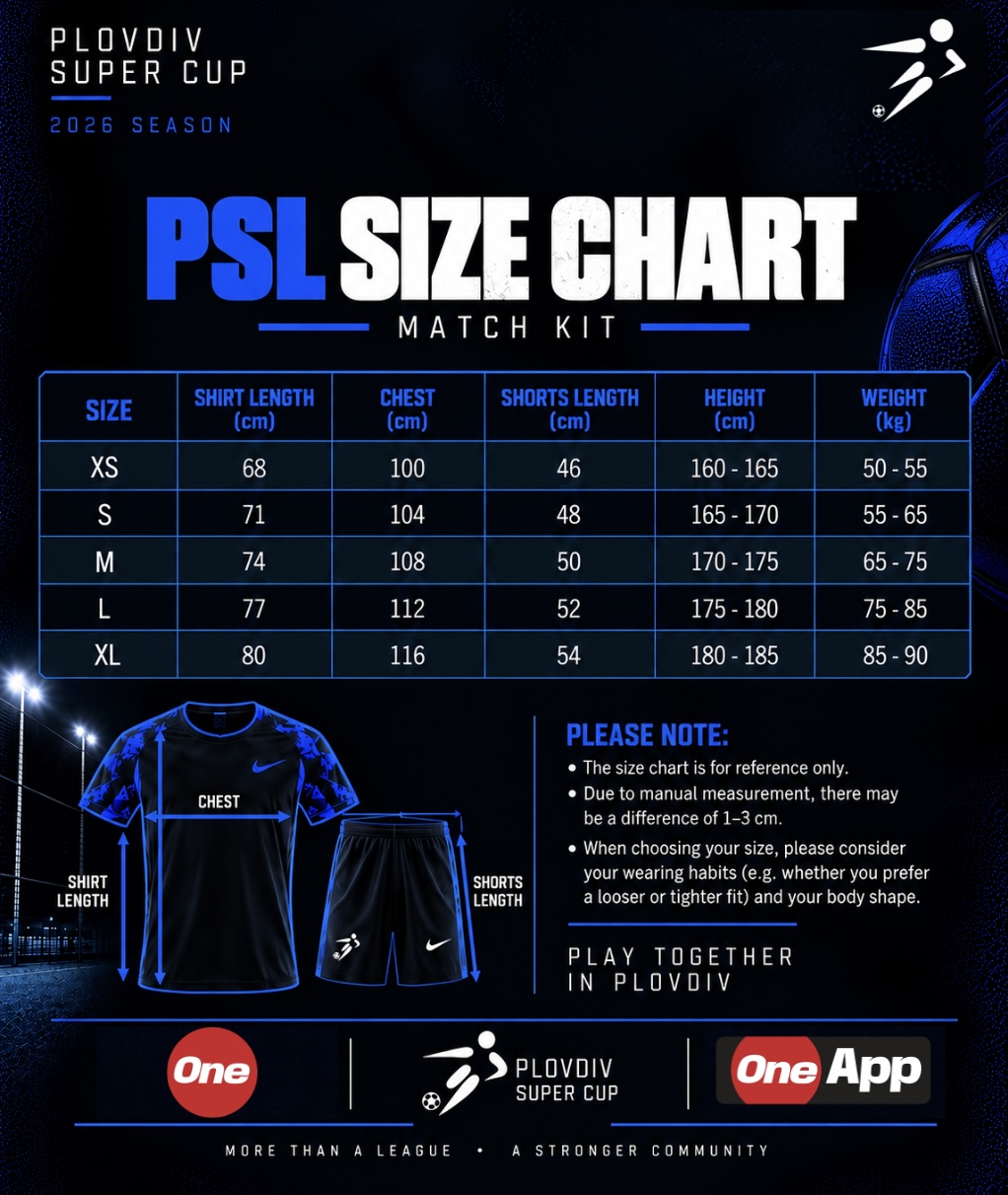 PSL Match Kit Size Chart — official sizing guide